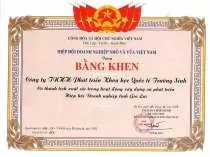 Bằng khen của Hiệp hội doanh nghiệp nhỏ và vừa Việt Nam trao tặng Công ty PTKHQT Trường Sinh